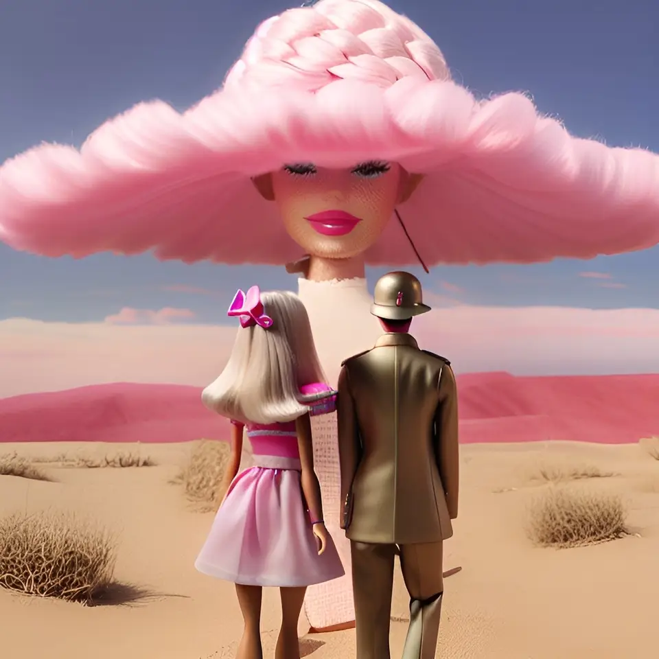 Image of two figures gazing at a giant Barbie wearing a pink hat in the shape of an atomic cloud.